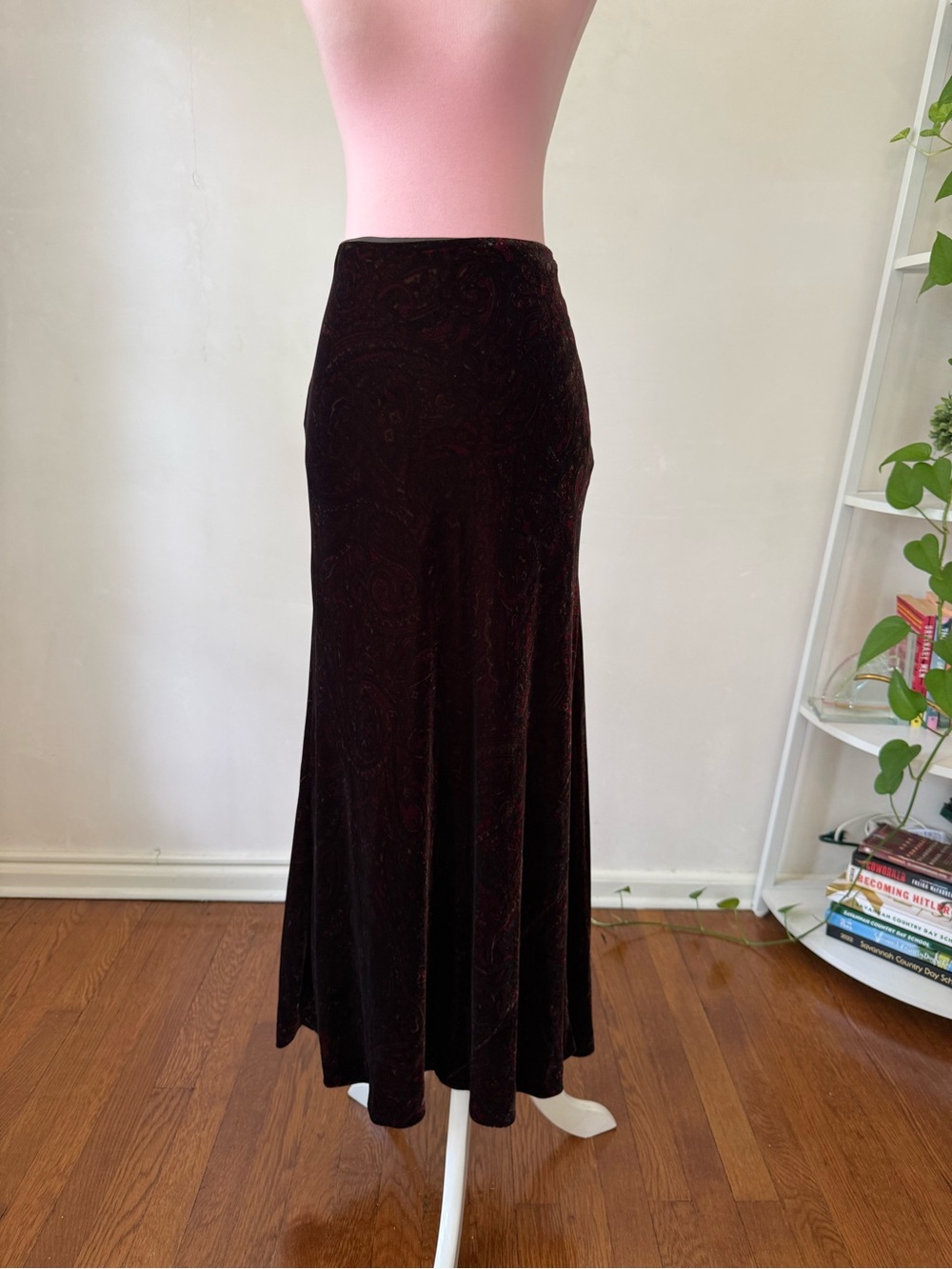 Ralph Lauren silk velvet, dark brown, Paisley bias cut maxi skirt, 90s